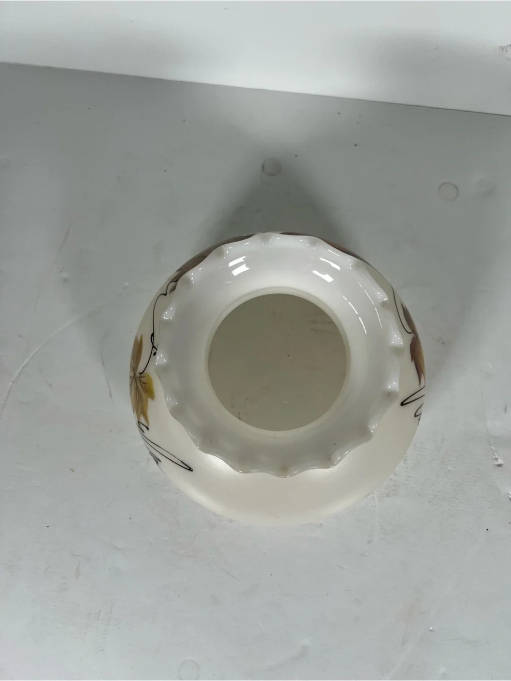 Hurricane Milk Glass White Lantern Shade with Brown and Yellow Leaf Design